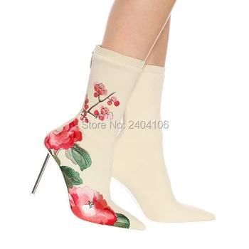 

Spring Sexy Runway Shoes Female Pointed Toe Metal Stiletto High Heel Botas Beige Embroidery Floral Knitted Ankle Boots for Women
