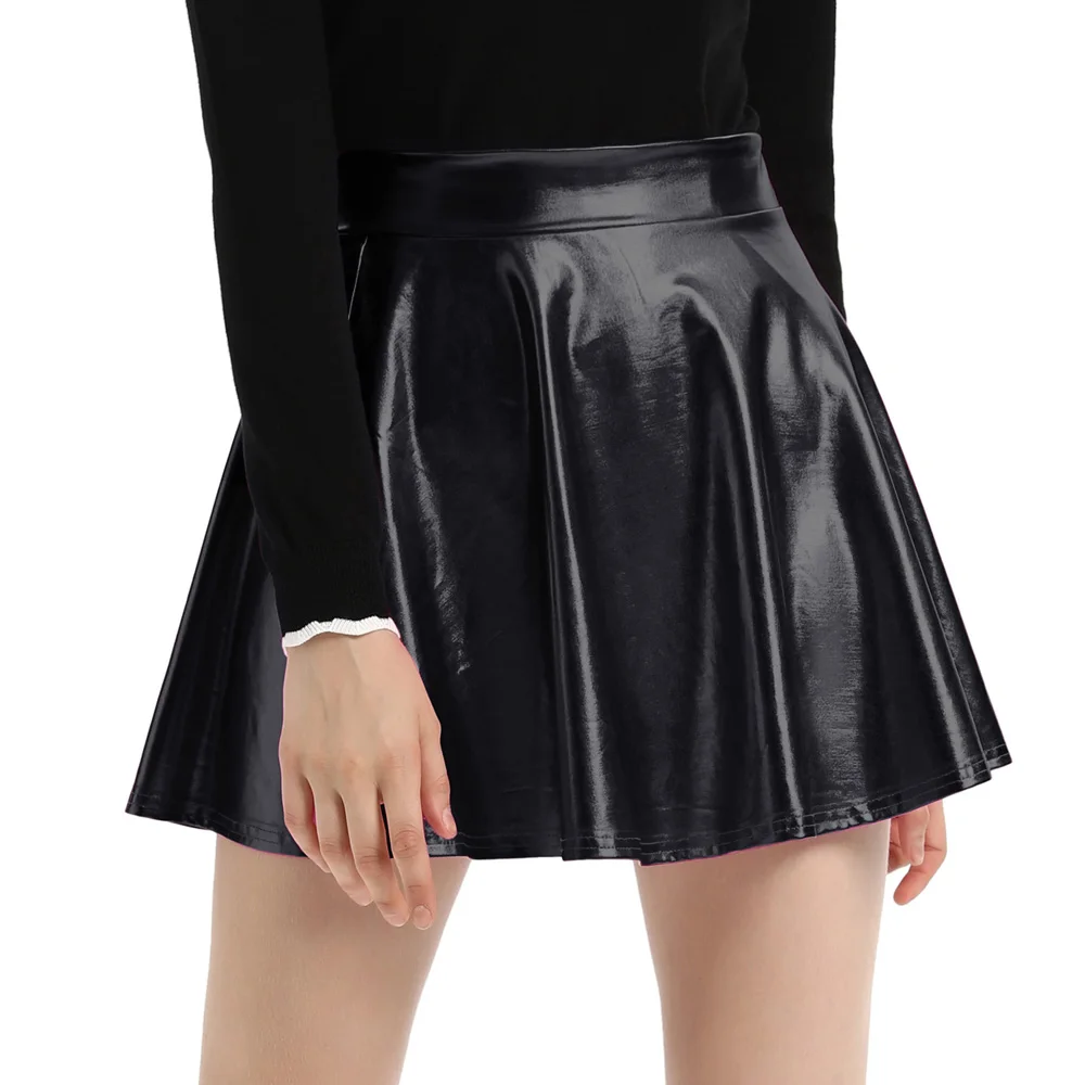 

Women Retro Style Solid Color Imitated Leather Shiny Casual Skater Skirt