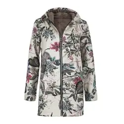 Ретро Для женщин Зимние флисовые пальто Повседневное Цветочный принт с капюшоном на молнии ветрозащитная верхняя одежда плюс Размеры для