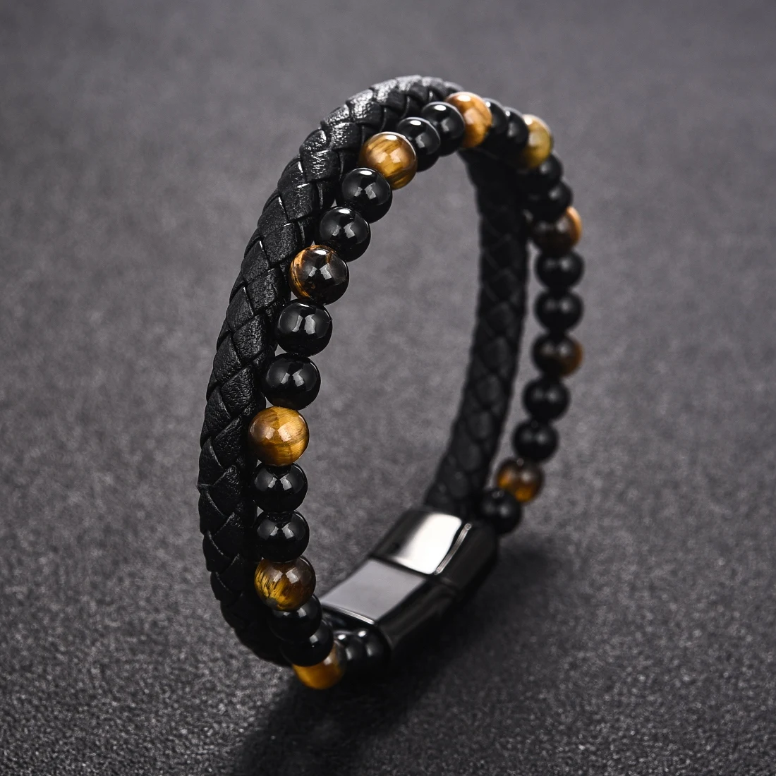 

6MM Natural Stone Black Genuine Leather Magnetic Buckle For Men Male Jewelry Bangle 18.5/20.5/22cm