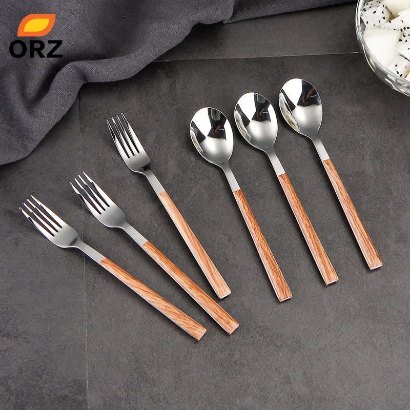 

ORZ 6 PCS Dinnerware Cutlery Set Stainless Steel Spoon Fork Tableware Imitating Wood Kitchen Restaurant Flatware Cooking Tools