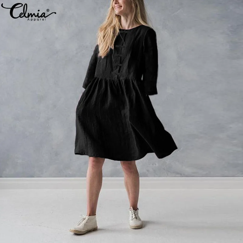 

NEW Fashion Celmia Plus Size Women Retro Long Sleeve Linen Shirt Dress 2019 Buttons Pockets Casual Party Vestidos Robe Femme 5XL