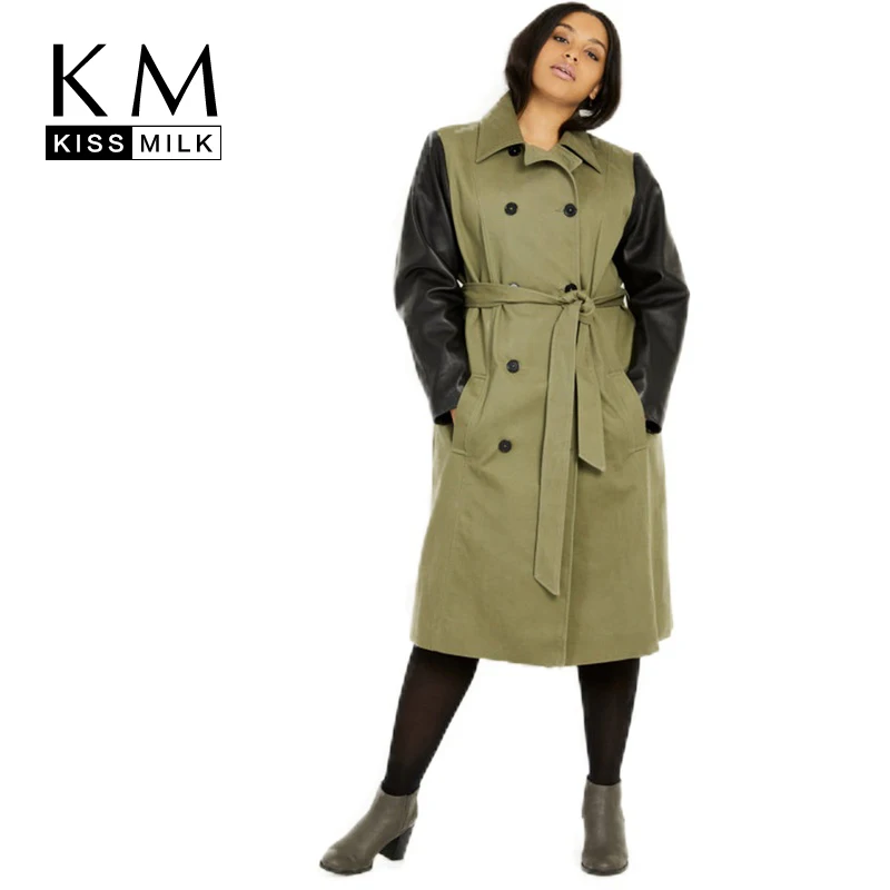 

Kissmilk Europe And America Style Large Size Casual Temperament Personality Stitching Lapel Belt Double-Breasted Trench Coat