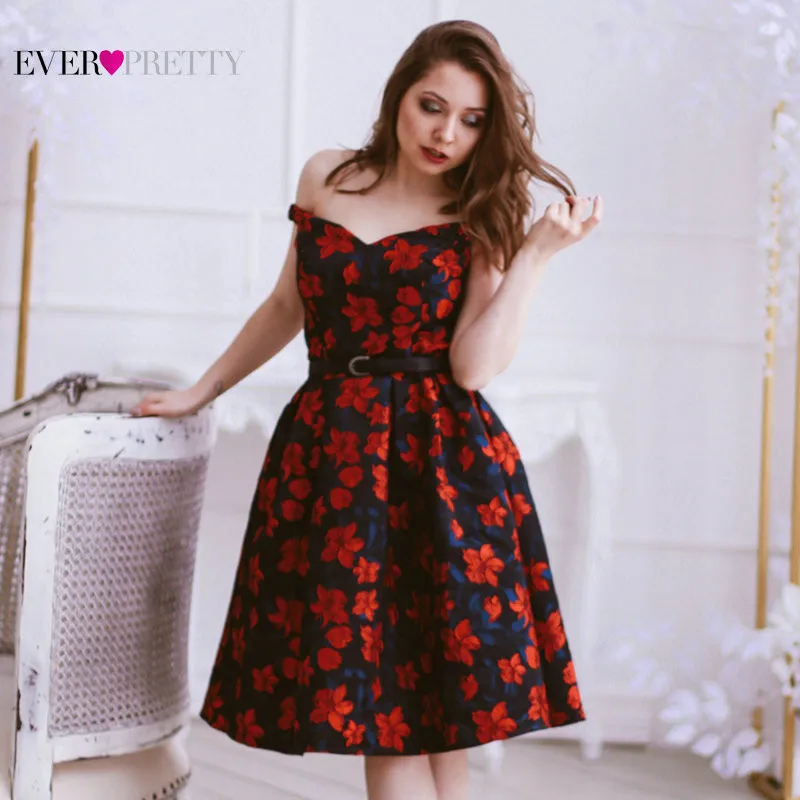 Short Prom Dress Satin Ever Pretty Elegant Ball Gown Off Shoulder Floral Print Formal Party Gowns For Wedding Guest Robes De Bal