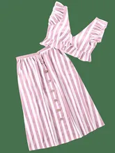 Two Piece Set Summer Women Sleeveless V Neck Crop Top Ruffle Button High Waist Skirts Striped Sets