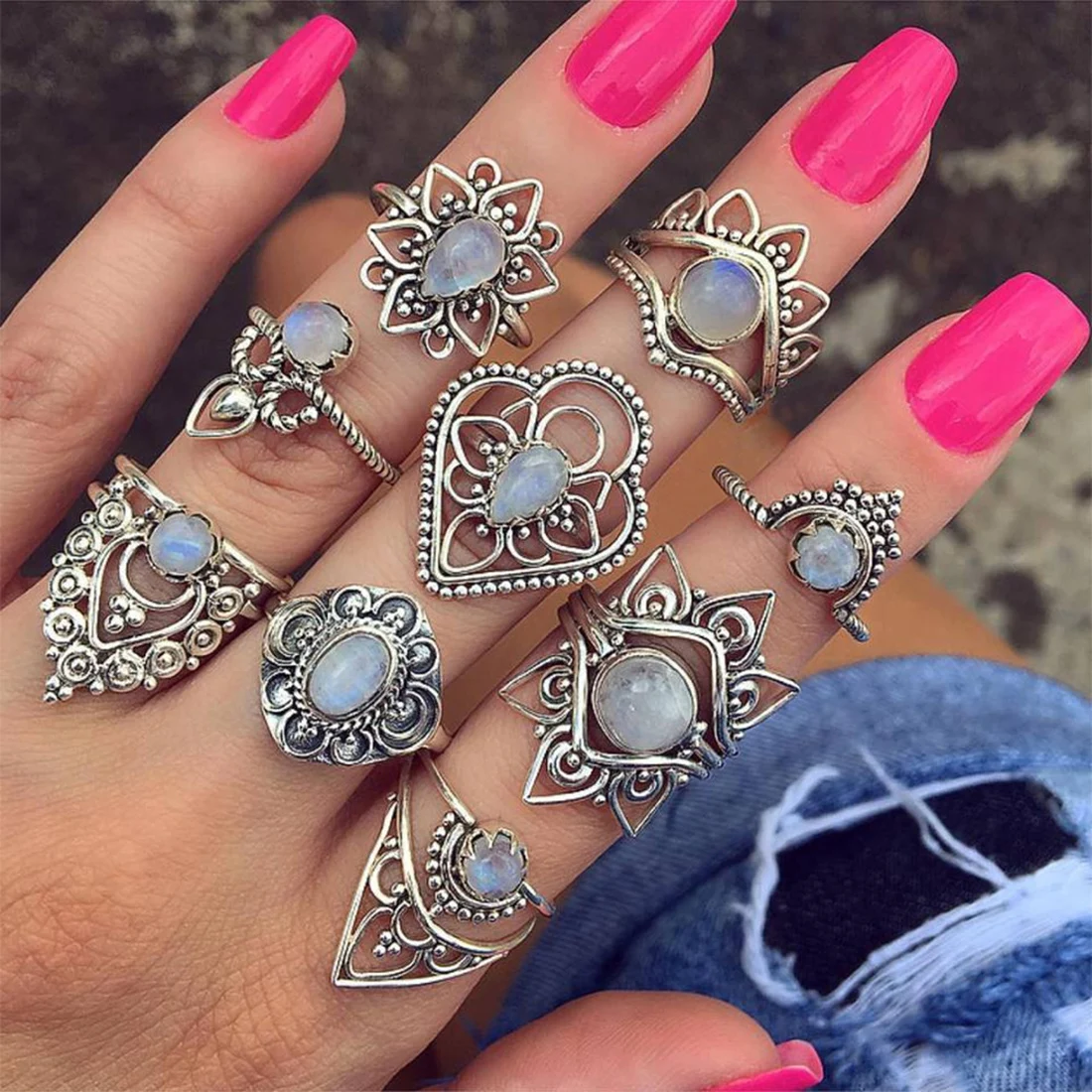 

10pcs/Set Bohemia Antique Silver Elephant Flower Opal Crown Carved Rings Set Knuckle Rings For Women Jewelry