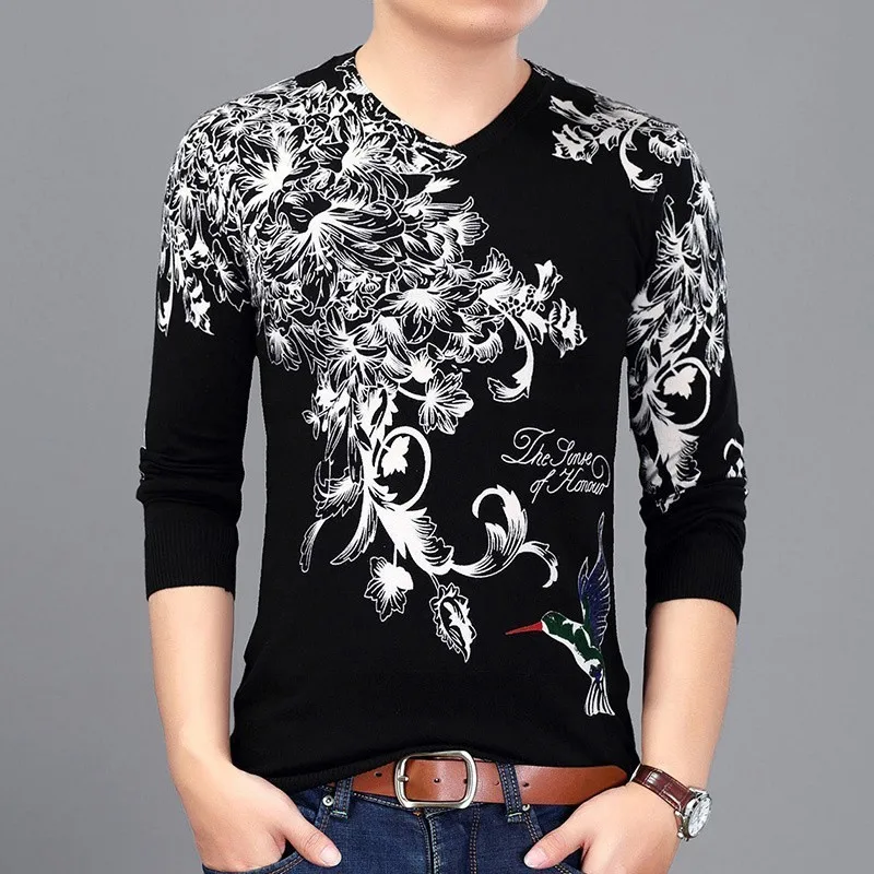 Мужской свитер с цветочным принтом облегающий Erkek Kazak Pull Homme Hiver 2019|Джемперы |