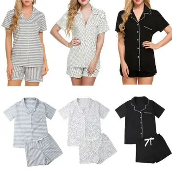 

2019 Fashion New Sexy Woman Summer Short Sleeve Pajamas Sets Leisure Motion Pajama Solid Dot Striped T-Shirt Set