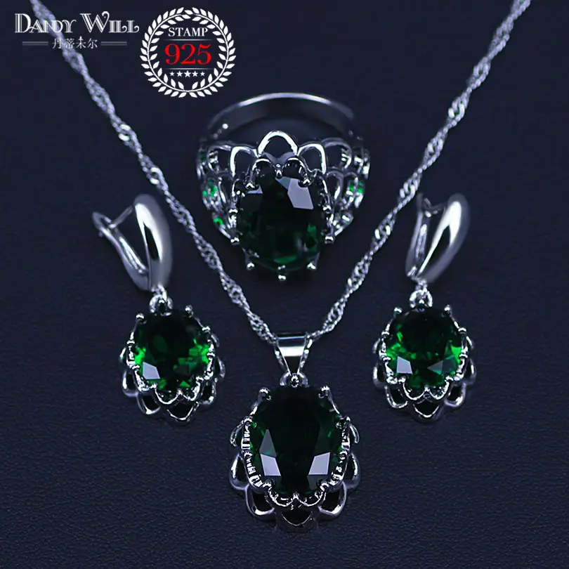 Натуральный 925 серебряные ювелирные изделия зеленый кубический цирконий Белый Кристалл Ювелирные наборы для женщин кулон/ожерелье/кольца/серьги/браслеты