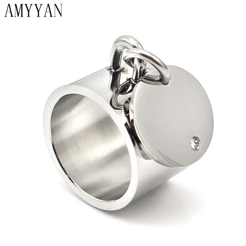

Woman Stainless Steel With a Round Ring Wide Ring Silver Personalized Design Round With Rhinestones Can be Customized Logo Text