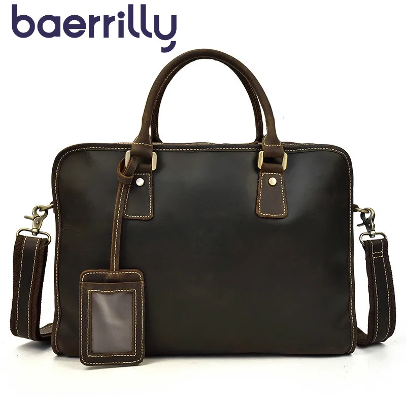 

Brand Genuine Leather Handbag Crazy Horsehide Men Briefcase Retro 14 Inch Laptop Package Large Capacity Bag Bolso Hombre Maletas