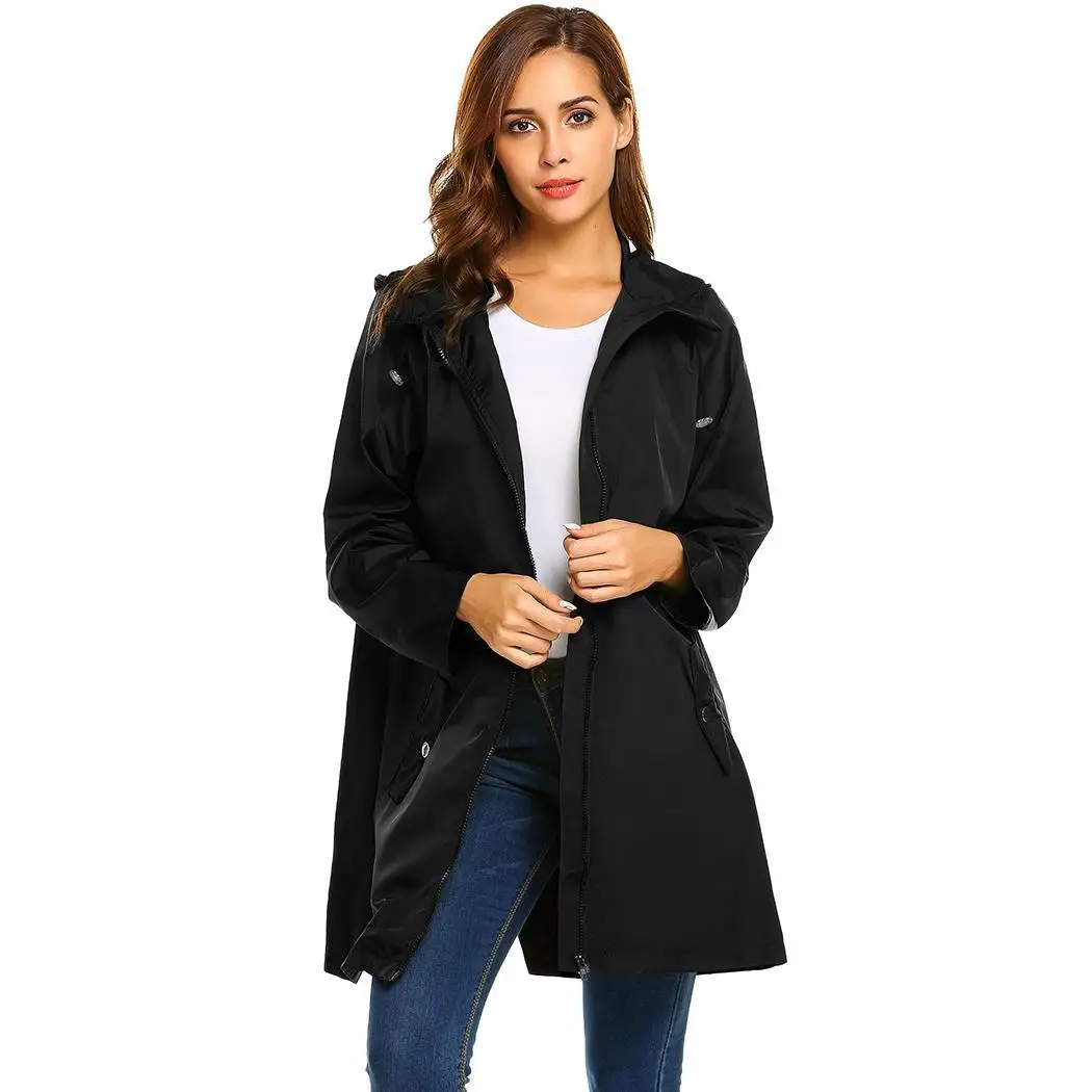 

Women Lightweight Outdoor Hooded Front-Zip Raincoat Pocket (Snap) Waterproof Rain Zipper Casual Loose Jackets