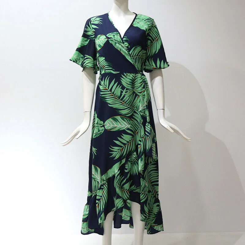 

Ladies Summer V Neck Ruffled Floral Empire Sashes Dress Short Sleeve Boho Casual Beach Street Long Dress Plus Size S-XXL