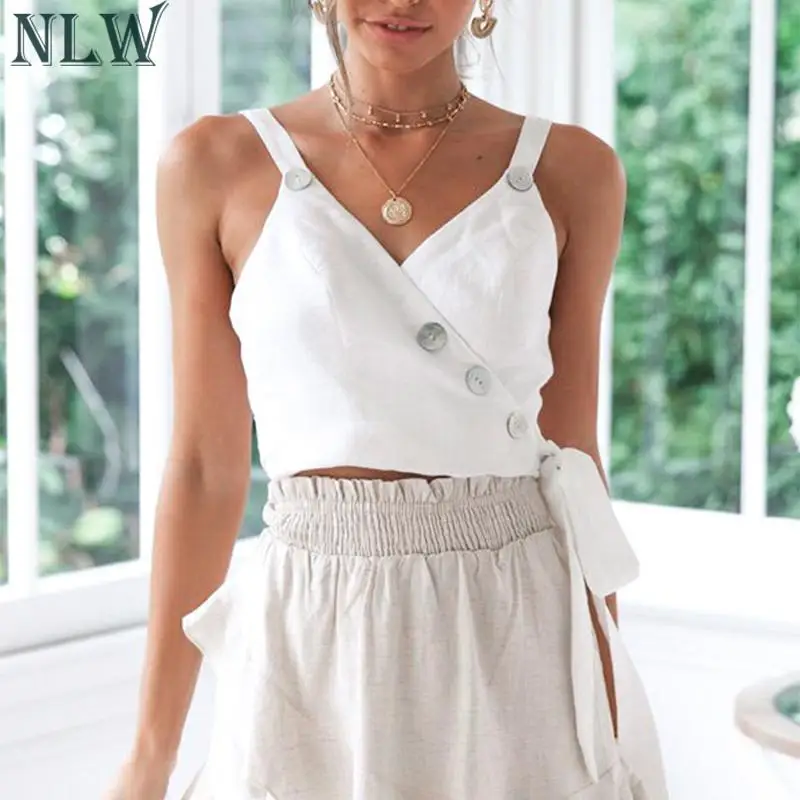 

NLW Summer 2019 Sexy Solid White Women Spaghetti Strap Bow Camisole Tops Shirts Casual Club Wrap Button Tops Shirts