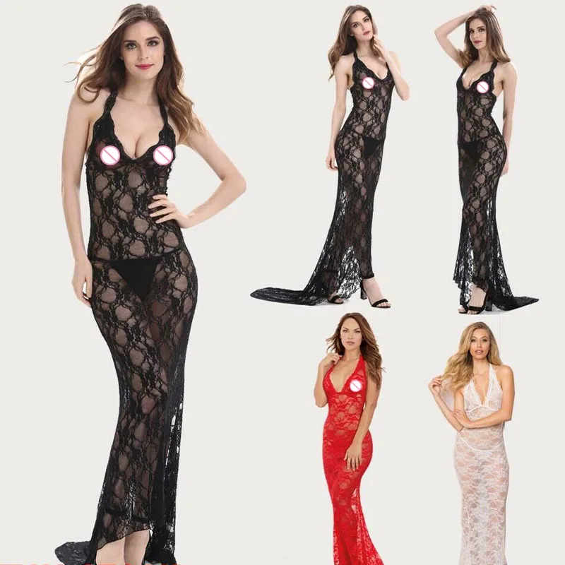 

Sexy Lingerie Lace Dress Women Sheer See Through Nightwear Sleepwear Long Exotic Babydoll G-string Dress Deep V