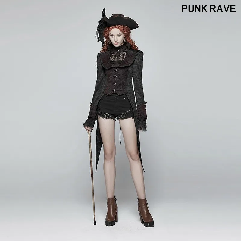 

Gothic Vintage Fashion Club Party Tailcoat Steampunk Black joint Red Jacquard bandage Swallow Tail Women Jacket PUNK RAVE Y-982