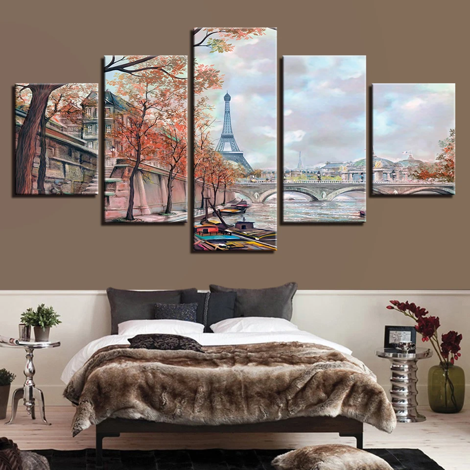 

Decor Living Room Wall Printed Artworks Landscape Frame 5 Pieces Paris Tower Bridge Paintings Art Modular Pictures Canvas Poster