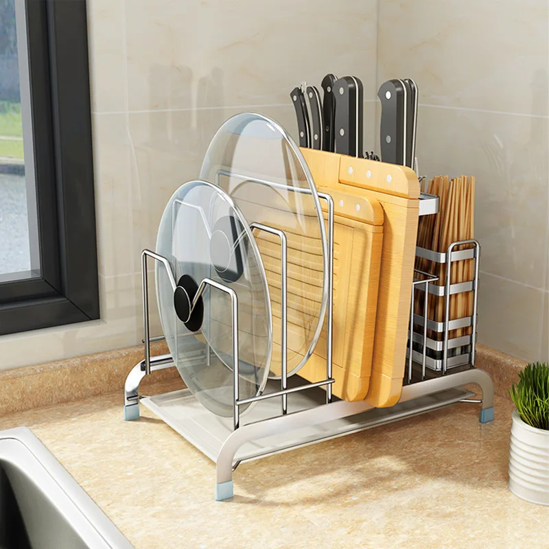 

Stainless Steel Kitchen Shelf Drying Drain Rack Multifunction Chopping Board Knife Pot Lid Storage Holder Tableware Organizer