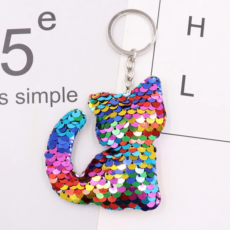 

Cute Kitten Sequin Keychain Reflective Double Side Sequins Animal Bag Cat Keyring Pendant Jewelry Unicorn Dog Keyfob Mother Gift