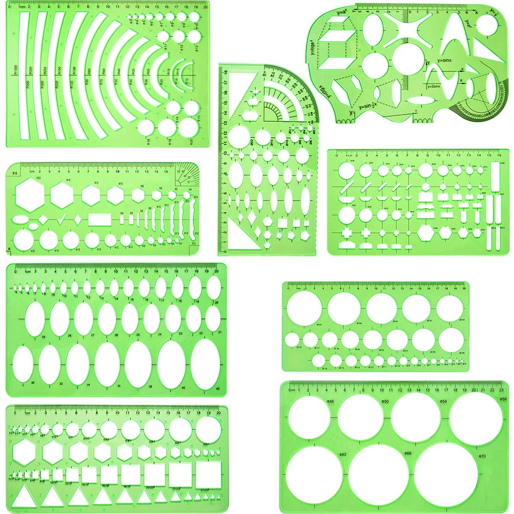 

6pcs/9pcs Set Green Plastic Circle And Oval Templates Measuring Templates Rulers Digital Drawing For Office
