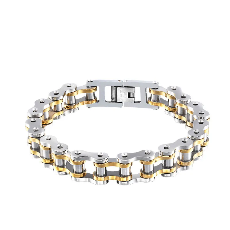 

Mens Motorcycle Chain Bracelet Stainless Steel Biker Steampunk Bicycle Wear Two Tone Gold Double Link Bracelets Unisex Bileklik