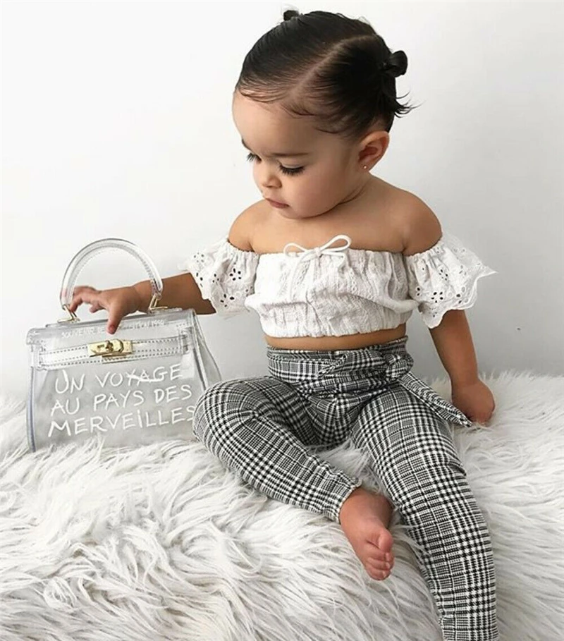 

2019 Children Girls Summer Clothes Sets Off Shoulder Lace Floral Crop Tops +Plaid Cotton Pants 2PCS Little Ladies Fashion Sets