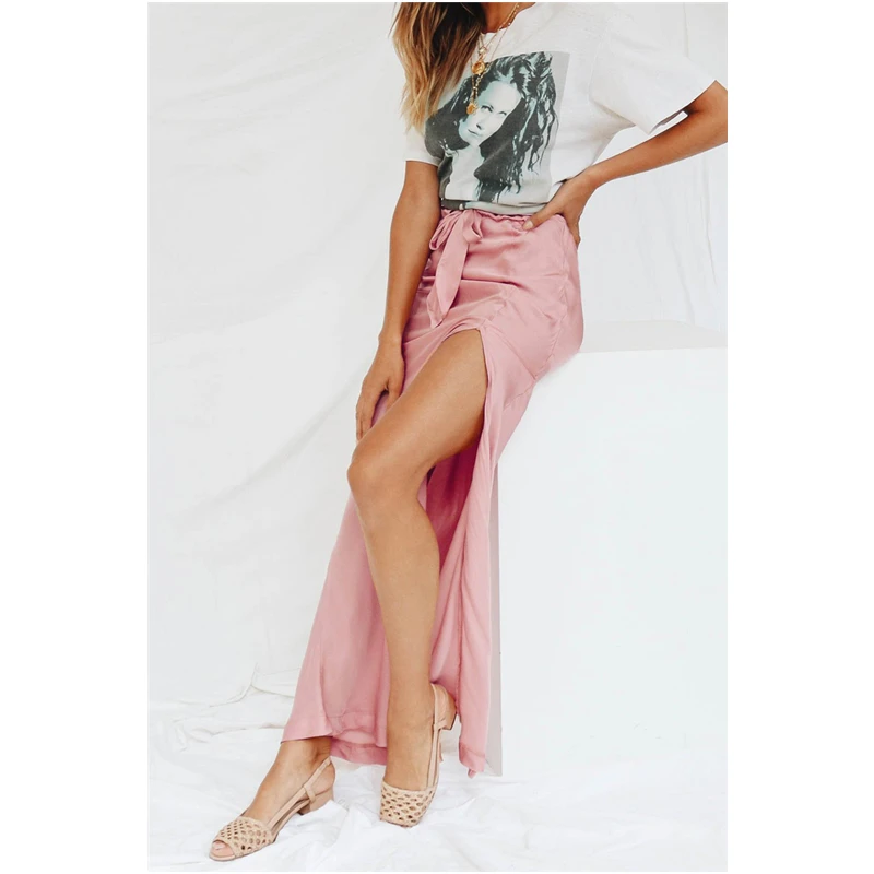 Women Silk Long Skirt Sexy High Waist Bow Lace Up Split Maxi Skirts