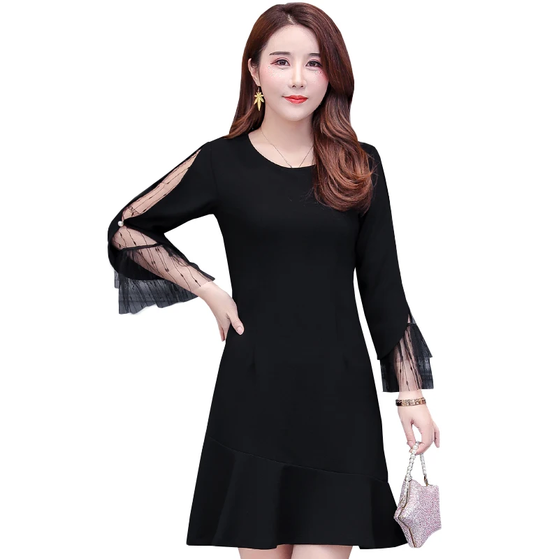 

Elegant New Spring Summer Women Dress Casual Black Mesh Patchwork O-neck Long Sleeve Slim Party Dresses Vestidos Plus Size 5XL