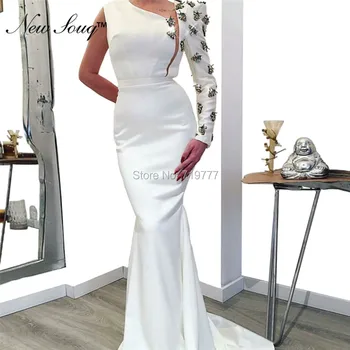 

White One Shoulder Evening Dresses 2019 New Arrival Mermaid Prom Gowns Abendkleider Full Sleeves Beaded Wedding Party Dress