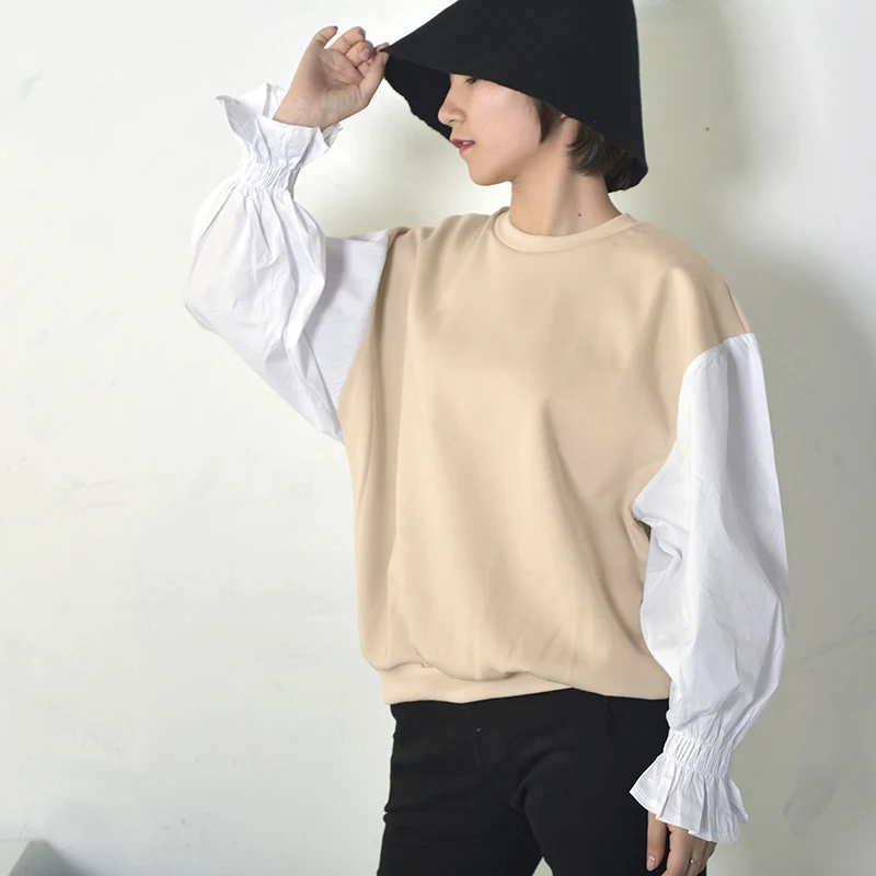 

LANMREM 2018 New Fashion Patchwork Lantern Long Sleeve Loose Sweatshirt Women's O-neck Casual Tops For Women Autumn YF00812