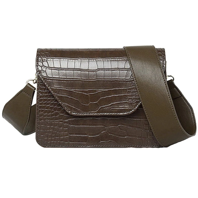 

Women Pu Leather Small Square Bag New Wide Shoulder Bag Vintage Crocodile Pattern Fashion Simple Messenger Bag Female