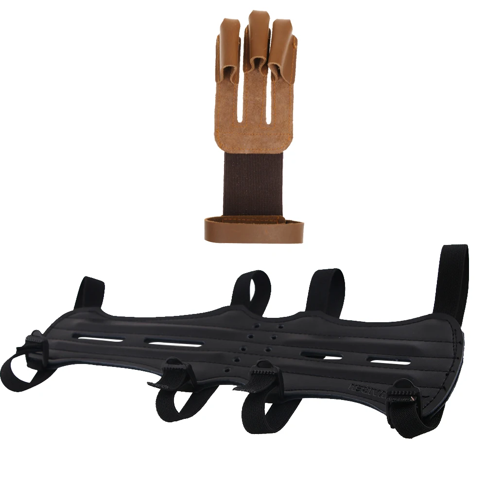 

Outdoor Archery Pull Bow Arrow Protector 3 Fingers Hand Glove with 4 Straps Arm Guard Protective Gear