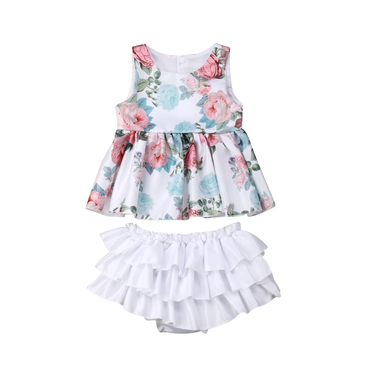 Модный костюм для маленьких девочек, летняя одежда, платье с цветочным принтом + шорты с оборками, комплект из 2 предметов