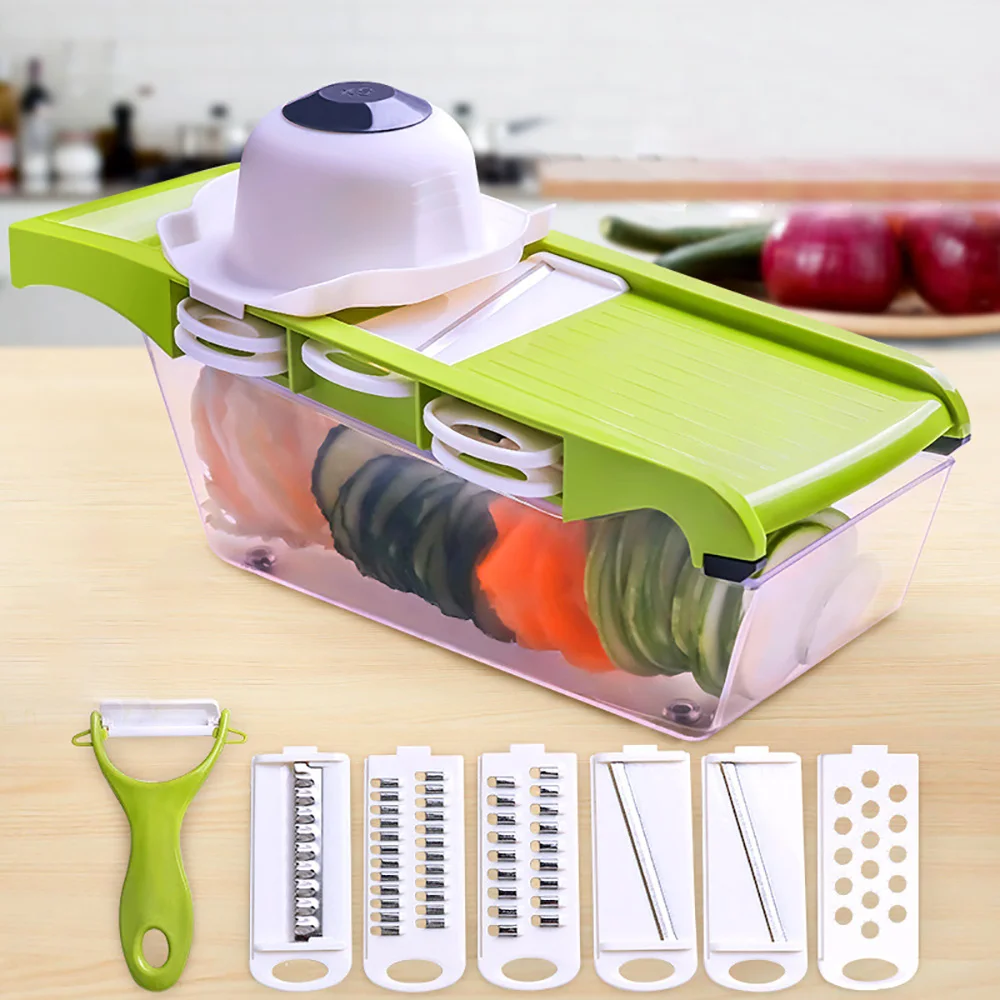 

Multi-function Food Cutter Grater Food Shredders Container Manual Vegetable Fruit Slicer Chopper Sets with 6 Blades Peeler