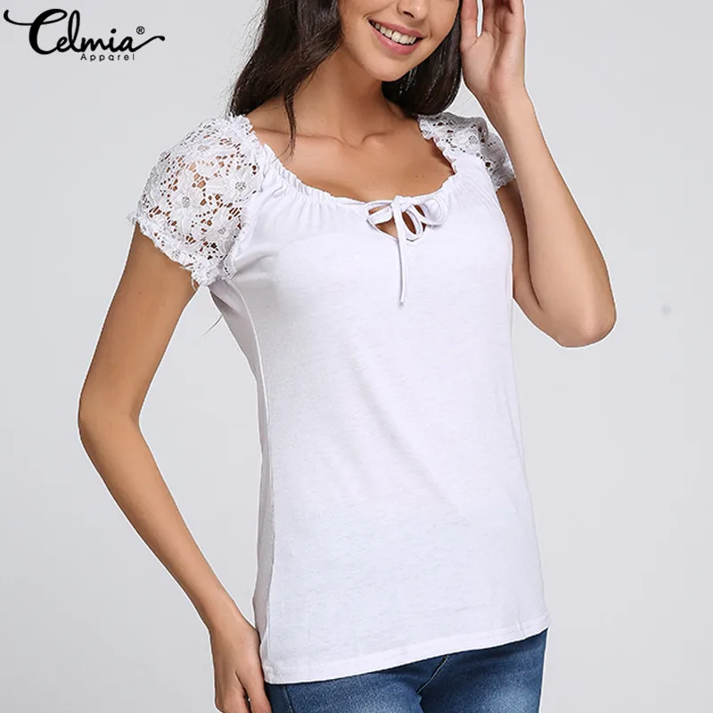 

Celmia 2019 Summer Women Lace Blouse Plus Size Tops Sexy V-Neck Short Sleeve Lace-up Shirts Patchwork Casual Loose Blusas Mujer