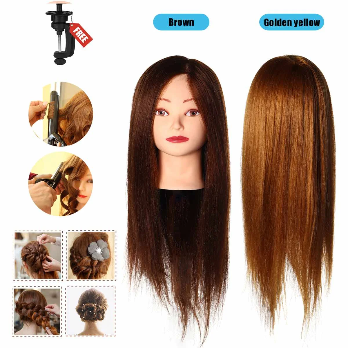 

65cm Hairdressing Training Hair Long Straight Dyed Curled Hair Styling Practicing Manikin Head Mannequins with Table Clamp Stand