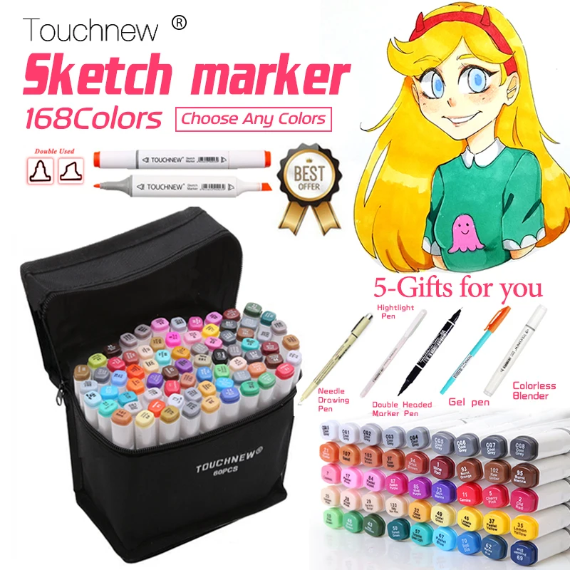 

TOUCHNEW 30/40/60/80/168 Colors Sketch Markers Pen Alcohol Based Brush Marker Set Best For Drawing Manga Animation Art supplies