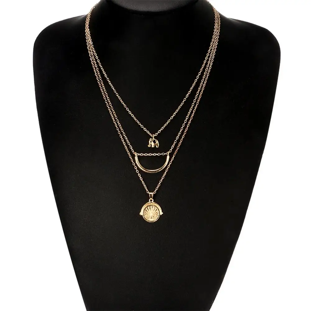 

2019 Women Bohemian Vintage Elephant Crescent Planet Multilayer Chain Statement Charm Necklace Jewelry Collier Femme Wholesale