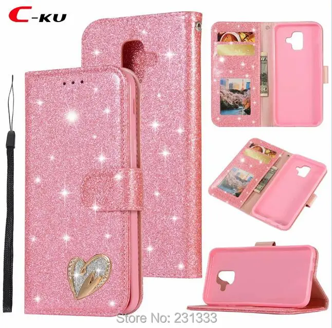

C-ku Diamond Glitter Strap Wallet Leather Case For Samsung Galaxy A6 2018 J6 A8 A7 Love Stand ID Card TPU Skin Cover Luxury 1pcs