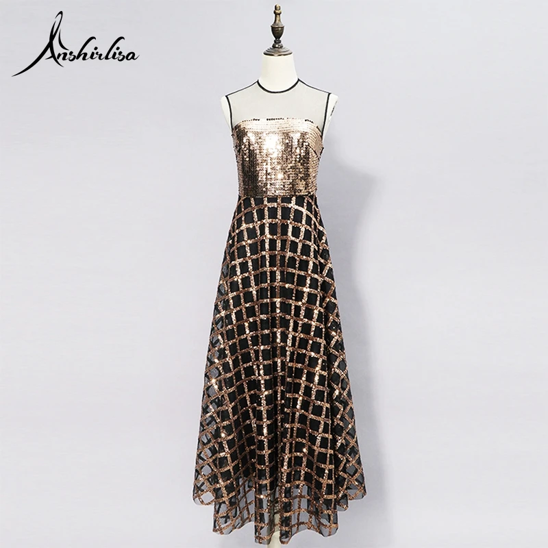 

Anshirlisa Women Prom Dress A-line Gold Sequins O-neck Tea-length Shinny Amazing Birthday Celebrity Gala Party Gown robe soiree
