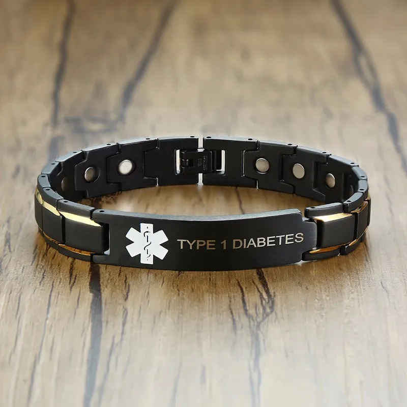 

TYPE 1 and 2 DIABETES BLOOD THINNER WARFARIN Medical Symbols Stainless Steel Magnetic Bracelet in Black Male Jewelry