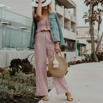 

Women Sleeveless Striped Crop Top + Wide Leg Pant Casual Jumpsuit Romper Outfits