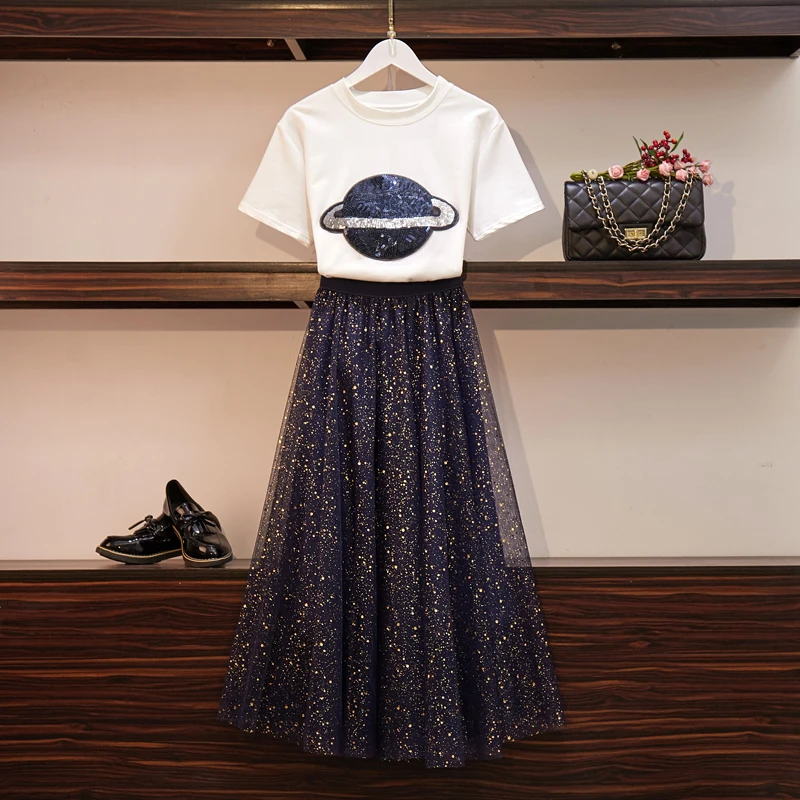 

2019 Summer Women Set Fashion Short Sleeve Sequined Planet T-shirt + Gilding Sequins Mesh Maxi Skirt Suit Two-piece Sets