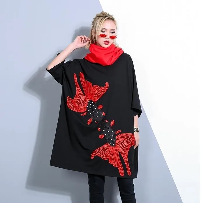 

#0772 Summer Black T Shirt Dress Women Short Sleeve Embroidery Fish Casual Oversized Loose Mini Dresses Ladies Cotton Streetwear