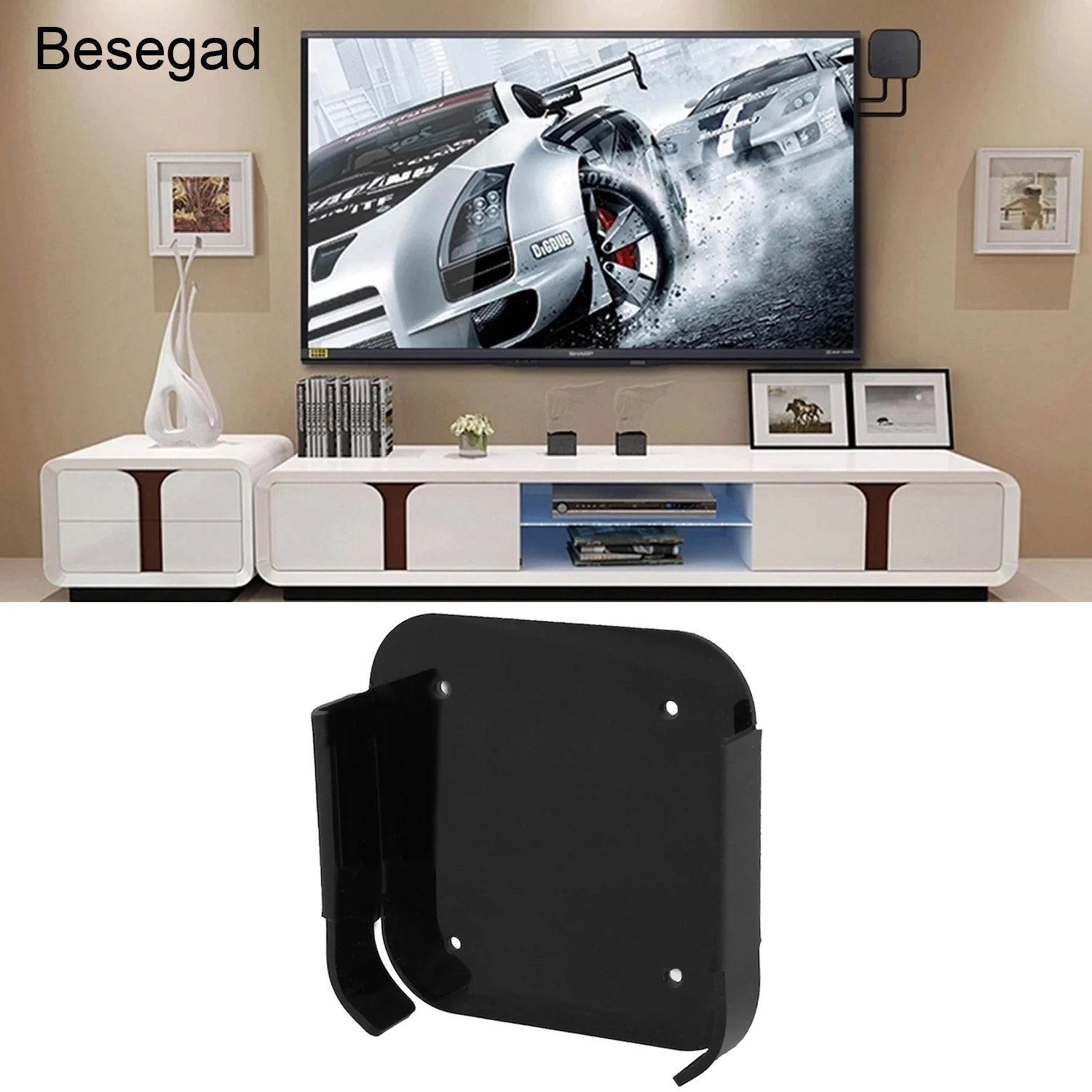 

Besegad Plastic Wall Mount Holder Bracket with Installation Tools Hook and Loop Fasteners for Apple TV4 Media Player