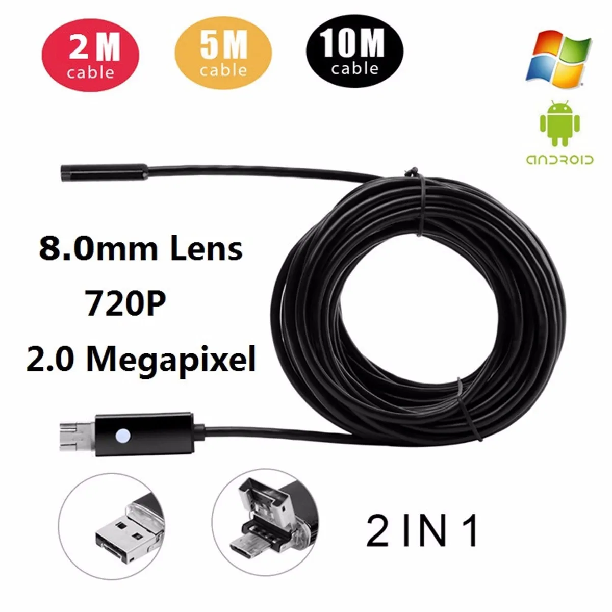 DANIU A99 8,0 мм HD 720P 2MP 2in1 Micro USB эндоскоп 2/5/10M 6LED объектив Водонепроницаемый Android/ПК Трубочная видеокамера со смотровым бороскопом Камера