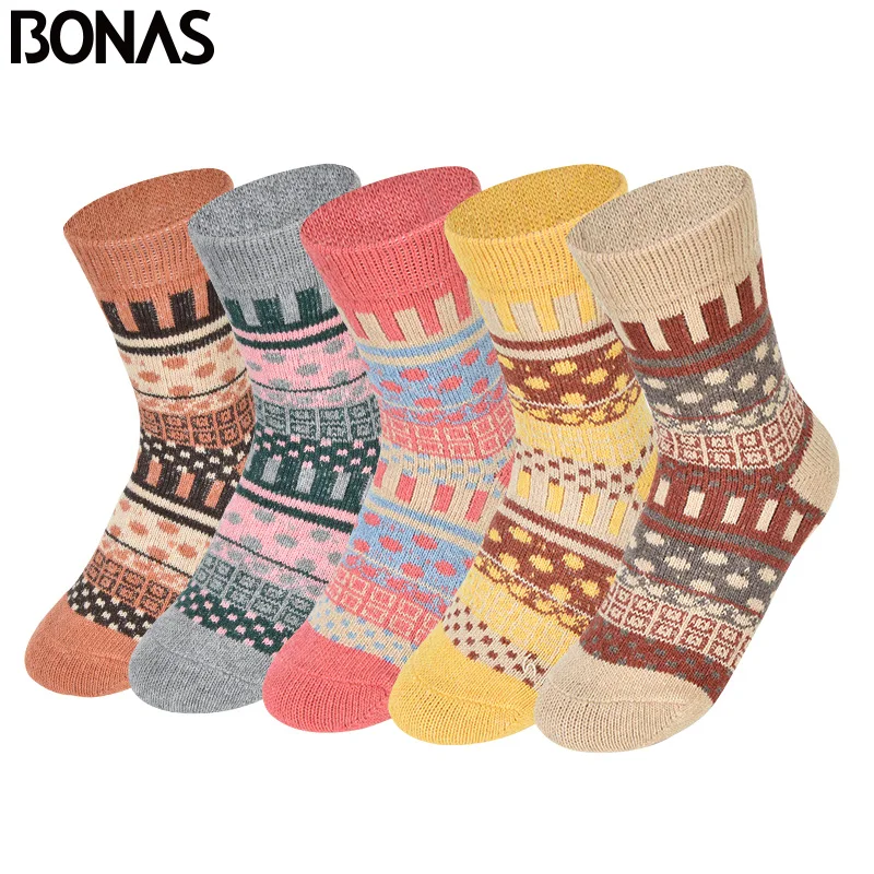 BONAS 5 пар/лот зимние шерстяные носки женские теплые толстые полосатые хлопковые