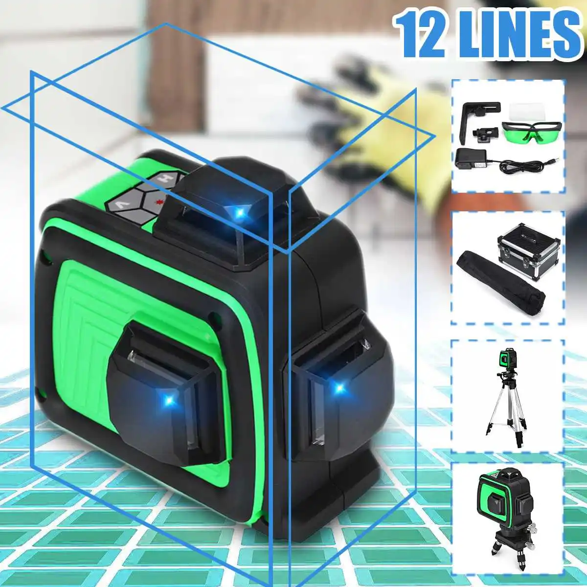 

12 lines 3D Blue Light Laser Level Self-Leveling Measure 360 Degree Horizontal Vertical Cross Powerful Laser Beam w/Tripod IP54