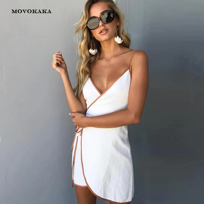 

Sexy V-neck Sling Dress White Contrast Color Short Dresses For Women Cross Strap Women Summer Dress Bandage Mini Dresses Women's