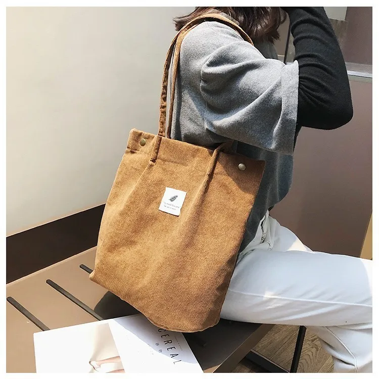 

2019 New Fashion bag women Corduroy Tote Ladies Casual Shoulder Bag Foldable Reusable Solid Color Shopping Beach Bag